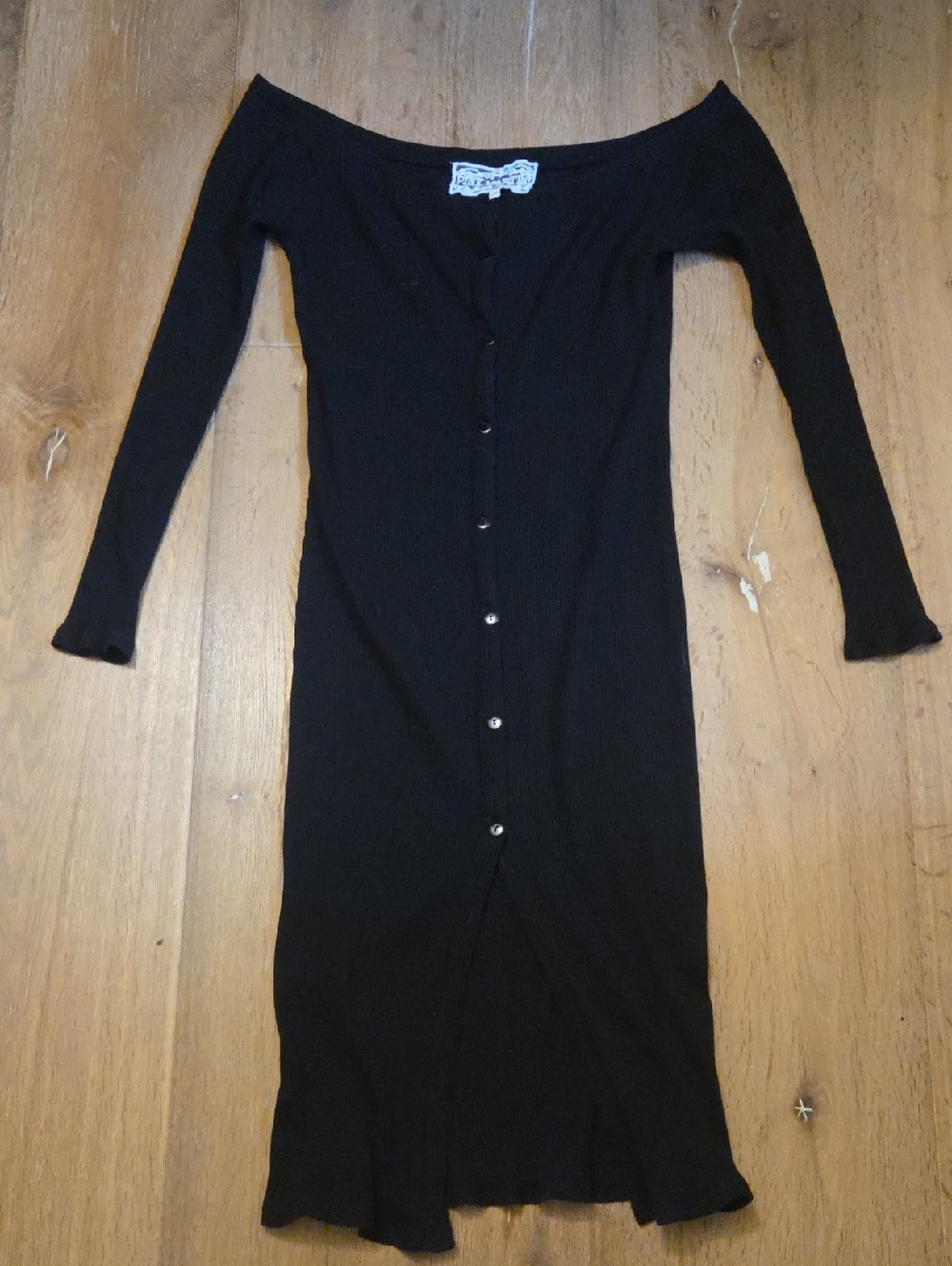Pink Martini Ribbed Button Black Midi Dress Long Sleeves Wide Neck M